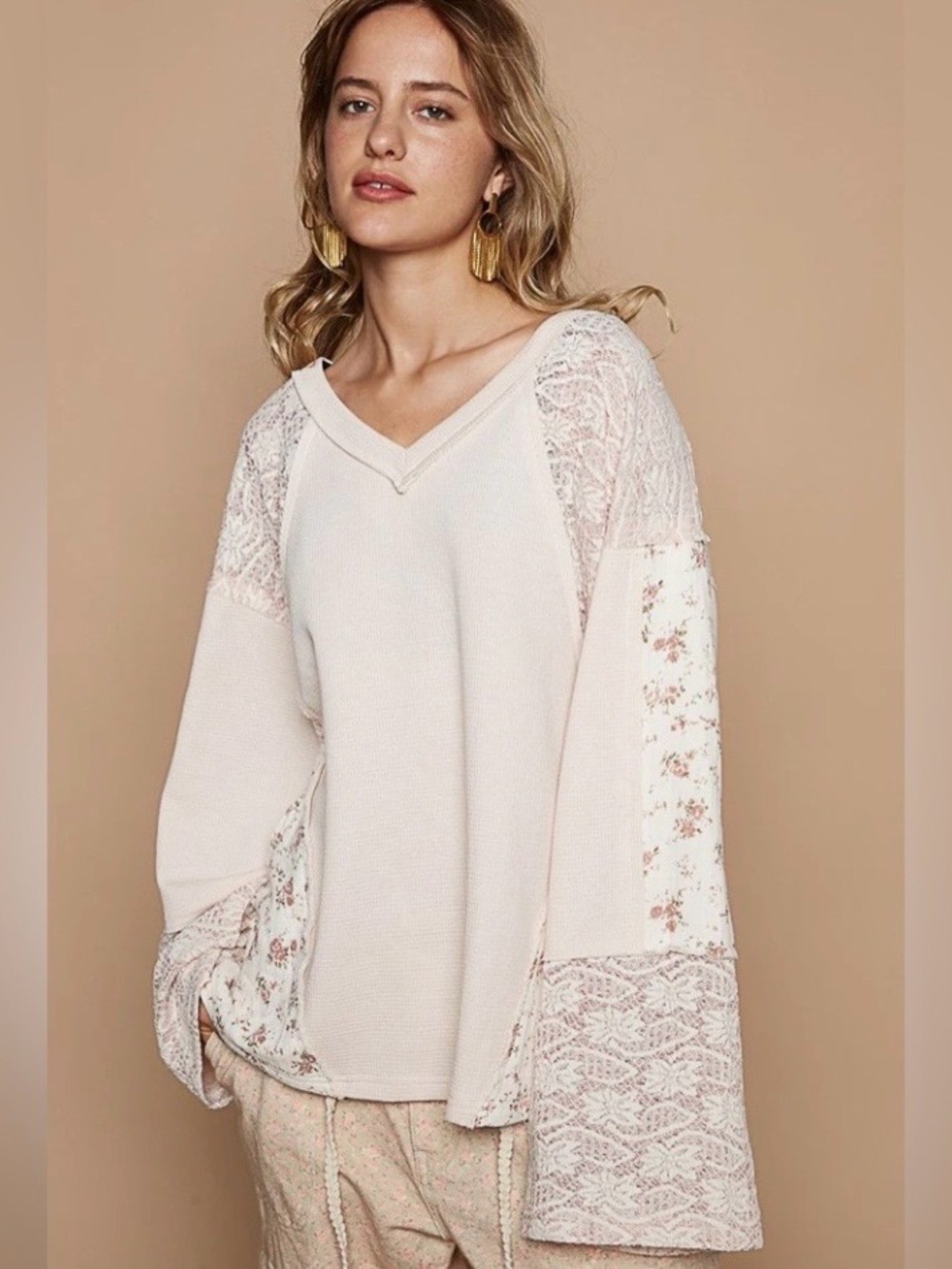 NWT POL Soft Blush Waffle-Knit Top with Crochet and Lace Detail